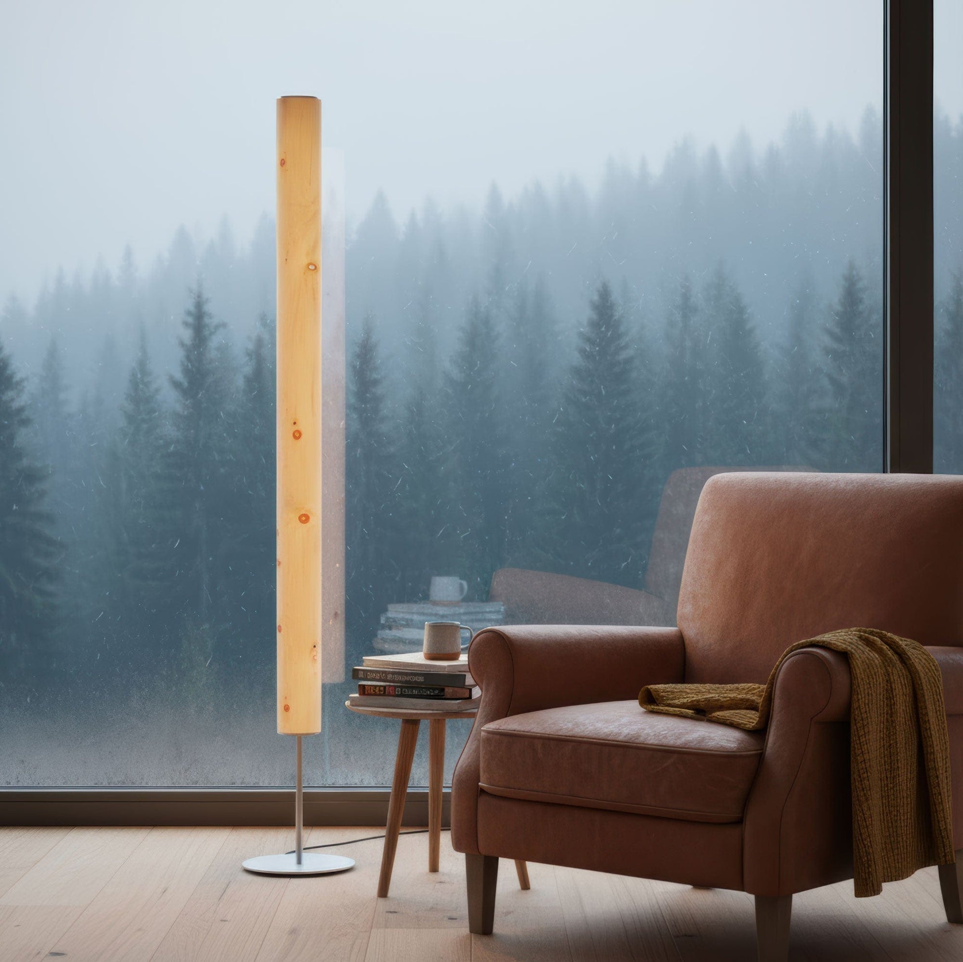LeuchtNatur Stehleuchte Edelstahl Holzfurnier Lampe Columna | Stehlampe aus Zirbe mit Stab